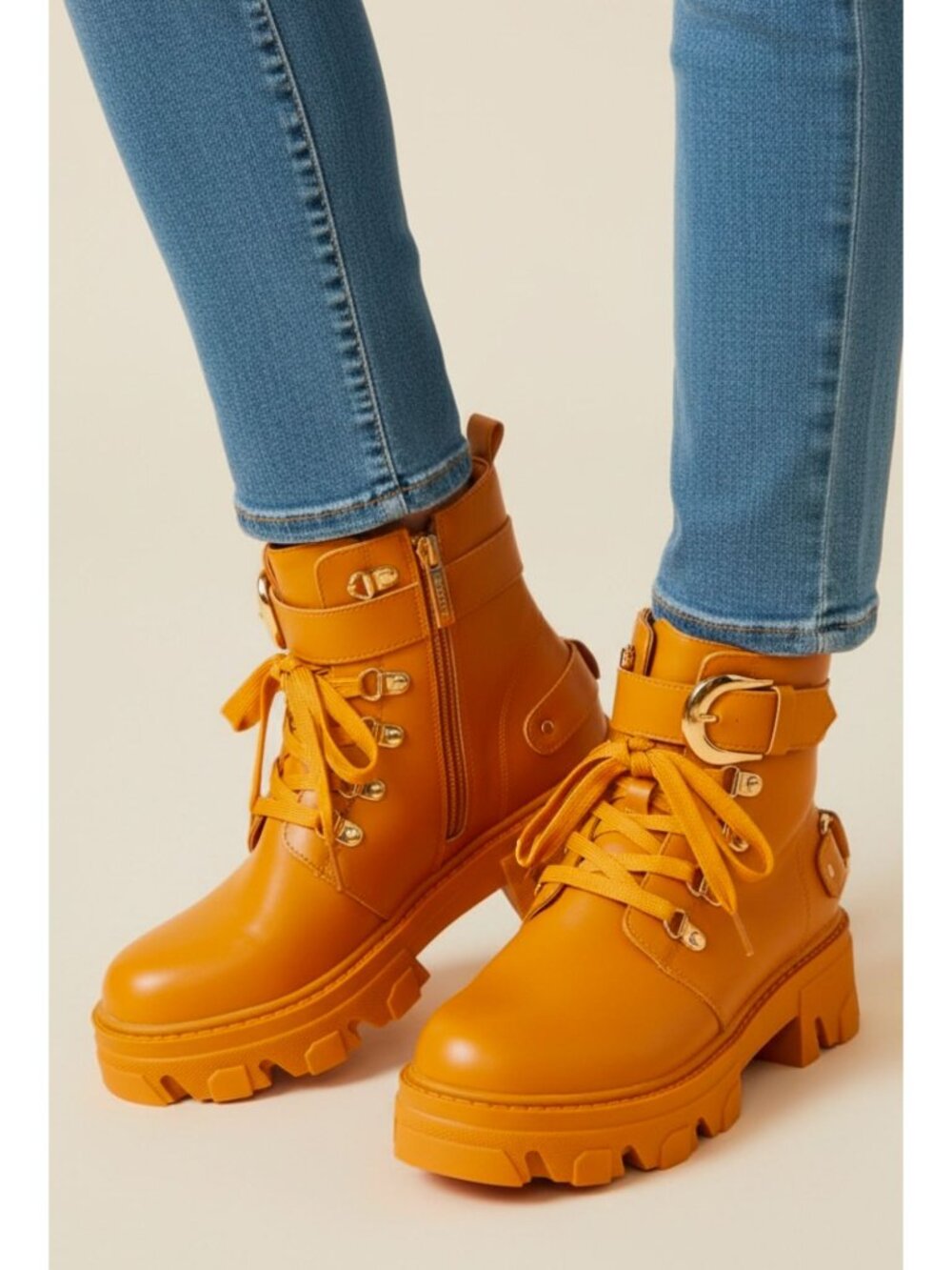 Chunky Tan Combat Boots With Gold Buckles & Side Zippers For Women Modern Style